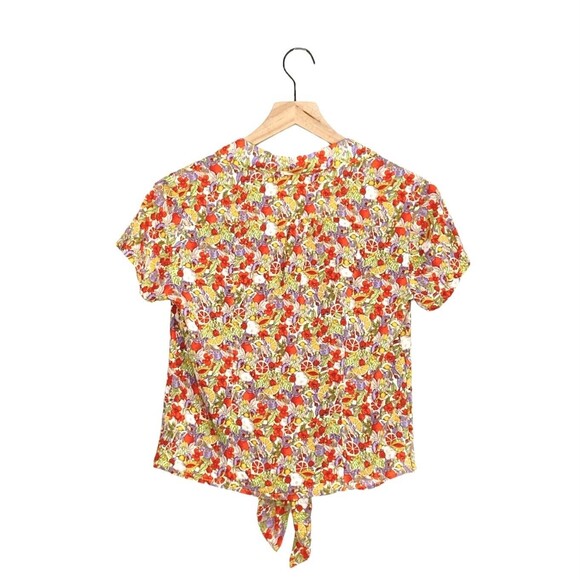 ANTHROPOLOGIE MAEVE Women’s Size 0 Button Down Shirt Citrus Floral Tie Front Bow - Picture 2 of 13